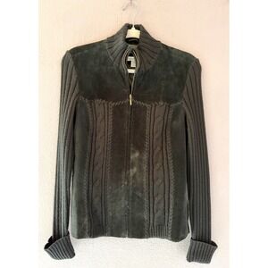 Y2K Coldwater Creek M Black Suede Leather Cable Knit Zip Up‎ Jacket Western 90s
